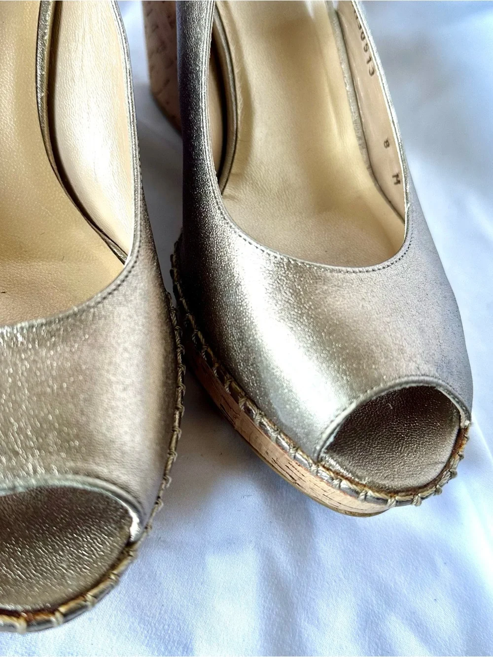 Stuart Weitzman Metallic Gold Peep-Toe Slingback Wedges - Picture 6 of 9